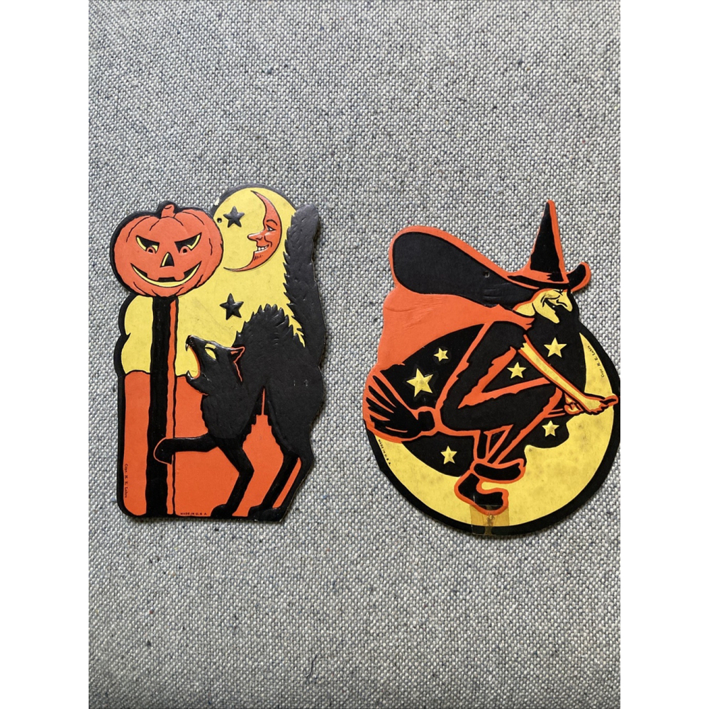 2 Vintage Halloween Black Cat Jack O’Lantern Witch Moon Die Cut Decoration